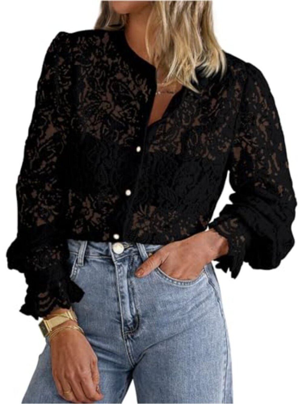 Women's Long Sleeve Lace Button Up Blouse Crewneck Casual Work Top
